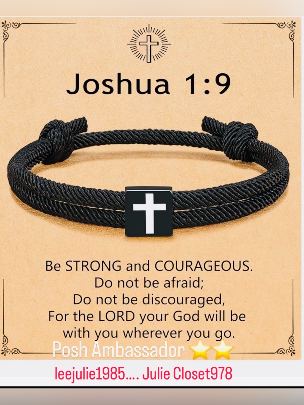 #3374**Joshua 1:9 Black Rope Cross Bracelet -Teenage-Youth